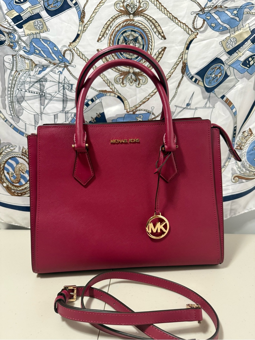 Michael Kors Raspberry Saffiano Leather Satchel with MK Charm